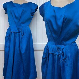 Vintage Royal Blue Satin Midi Dress 50s Style Party Prom Swing A-Line Bow 12